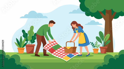 A couple spreads out a colorful picnic blanket in a scenic park setting, surrounded by lush greenery, potted plants, and a clear blue sky, perfect for outdoor relaxation.