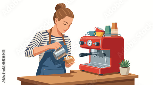A focused barista prepares a beautifully designed coffee drink using a vibrant espresso machine, showcasing the art of coffee-making in a cozy cafe environment.