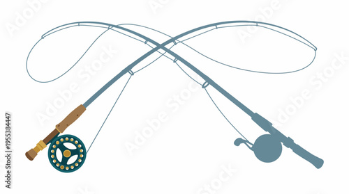 Two fishing rods crossed in an artistic design, representing the passion for fishing, outdoor activities, and the tranquil experiences along rivers and lakes.