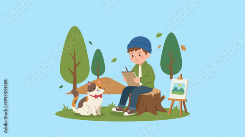 A young boy sketching nature scenes while seated beside a friendly cat, encapsulating the creativity and connection between children and pets in an outdoor setting.