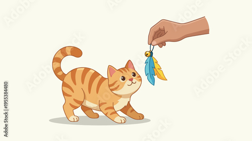 A cute orange striped cat excitedly plays with a feather toy, capturing the joy and energy of pets in a playful and whimsical illustration style.