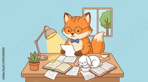 A charming fox wearing glasses studies diligently at a desk, accompanied by a sleeping bunny, symbolizing whimsical learning and the joy of knowledge in a playful, artistic style.