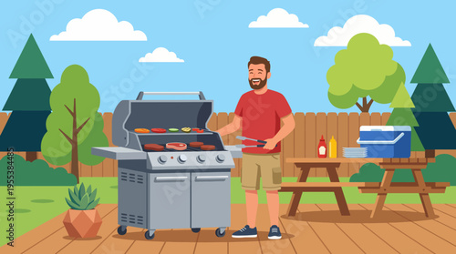 A happy man enjoys grilling delicious foods outdoors in a backyard, representing the summer spirit of gatherings, food enjoyment, and creating lasting memories with friends and family.