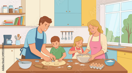 A joyful family engages in baking cookies together in a bright kitchen, showcasing the importance of bonding through cooking and sharing joyful moments as a family.