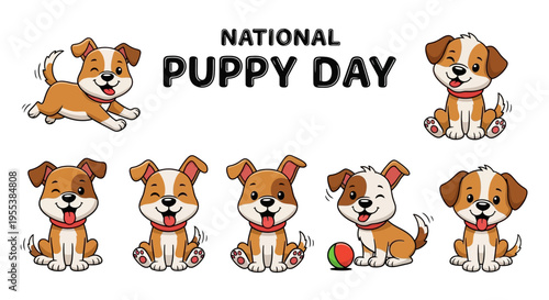 Illustration of adorable puppies celebrating National Puppy Day with playful poses and cute expressions, conveying a joyful mood with a colorful and lively design.