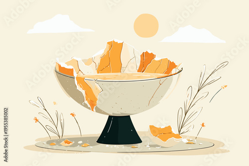 Minimal Kintsugi Repaired Ceramic Bowl Illustration