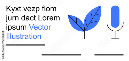 Nature, audio recording, sustainability, media, design elements, creativity. A minimalistic composition a blue leaf, microphone icon and abstract typography. Nature and audio recording concept