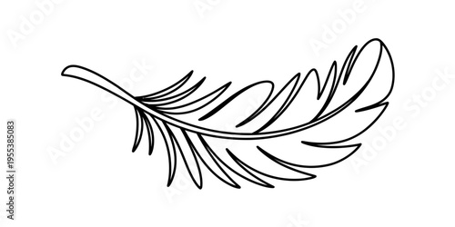 A minimalist black and white line art illustration of a single delicate bird feather isolated Vector, illustration