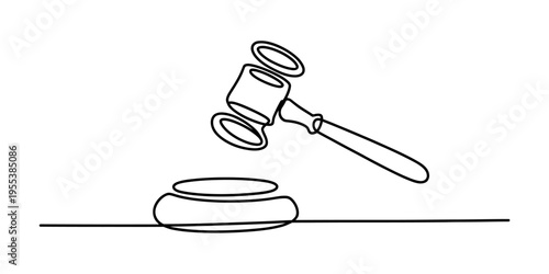 A single continuous line drawing of a wooden judge gavel resting on a block for legal proceedings Vector, illustration