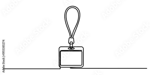 A single continuous line drawing of a blank identification badge hanging on a fabric neck lanyard Vector, illustration