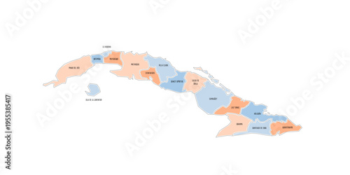 Cuba political map of administrative divisions - provinces. Colorful handdrawn doodle style map with black outline borders and name labels.
