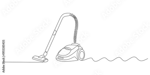 A single continuous line drawing of a modern household canister vacuum cleaner on white background Vector, illustration