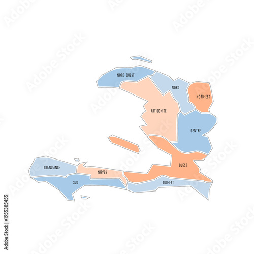 Haiti political map of administrative divisions - departments. Colorful handdrawn doodle style map with black outline borders and name labels.