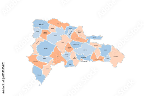 Dominican Republic political map of administrative divisions - provinces and national district. Colorful handdrawn doodle style map with black outline borders and name labels.