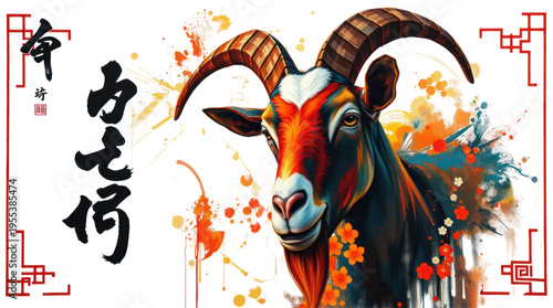 Goat Vibrant Artistic Painting Celebrating Chinese New Year Zodiac with Colorful Splatters and Traditional Border