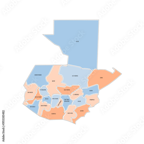 Guatemala political map of administrative divisions - departments. Colorful handdrawn doodle style map with black outline borders and name labels.