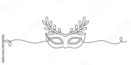 A minimalist single line drawing of a decorative masquerade mask with elegant laurel leaf accents Vector, illustration