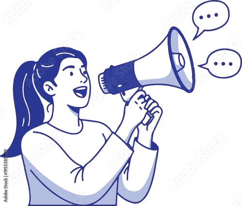 Woman speaking through megaphone with speech bubbles