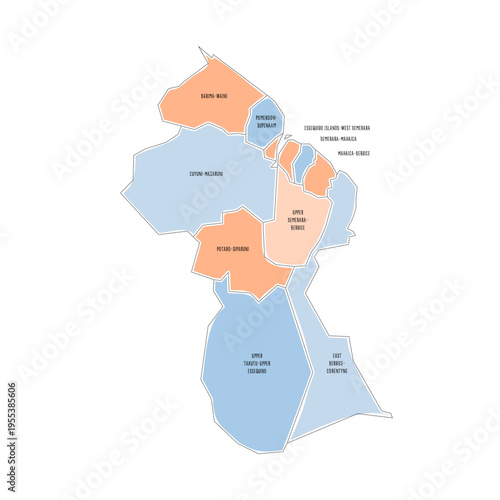 Guyana political map of administrative divisions - regions. Colorful handdrawn doodle style map with black outline borders and name labels.