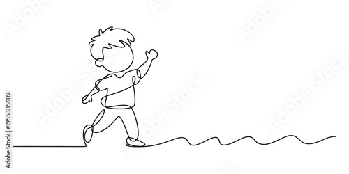 A continuous line drawing of a happy little boy waving his hand while walking on a wavy ground Vector, illustration