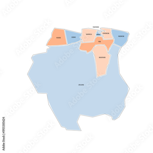 Suriname political map of administrative divisions - districts. Colorful handdrawn doodle style map with black outline borders and name labels.