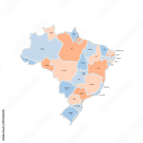 Brazil political map of administrative divisions - Federative units of Brazil. Colorful handdrawn doodle style map with black outline borders and name labels.
