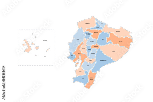 Ecuador political map of administrative divisions - provinces. Colorful handdrawn doodle style map with black outline borders and name labels.