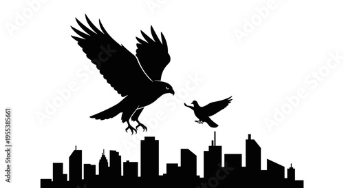 Silhouette of birds flying over city.
