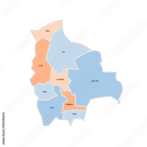 Bolivia political map of administrative divisions - departments. Colorful handdrawn doodle style map with black outline borders and name labels.