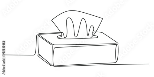 A continuous line drawing of a rectangular tissue box with a single sheet pulled out for hygiene Vector, illustration