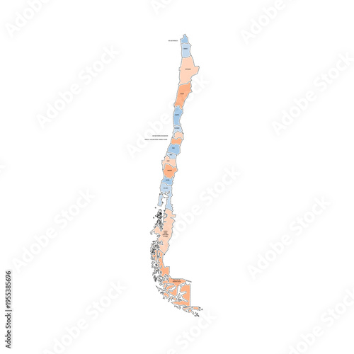 Chile political map of administrative divisions - regions. Colorful handdrawn doodle style map with black outline borders and name labels.