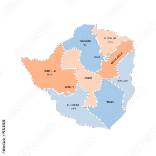 Zimbabwe political map of administrative divisions - provinces. Colorful handdrawn doodle style map with black outline borders and name labels.
