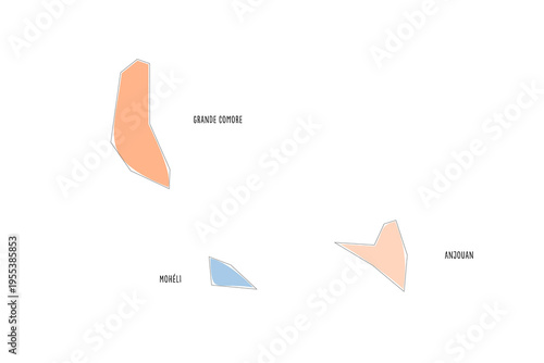 Comoros political map of administrative divisions - autonomous islands. Colorful handdrawn doodle style map with black outline borders and name labels.