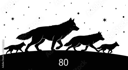 Silhouette of wolf pack walking.