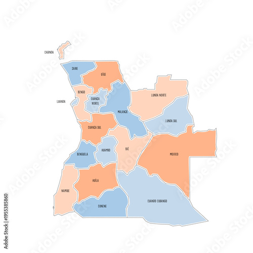 Angola political map of administrative divisions - provinces. Colorful handdrawn doodle style map with black outline borders and name labels.