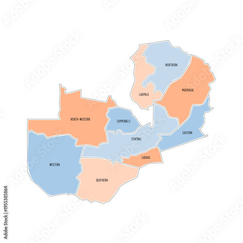 Zambia political map of administrative divisions - provinces. Colorful handdrawn doodle style map with black outline borders and name labels.