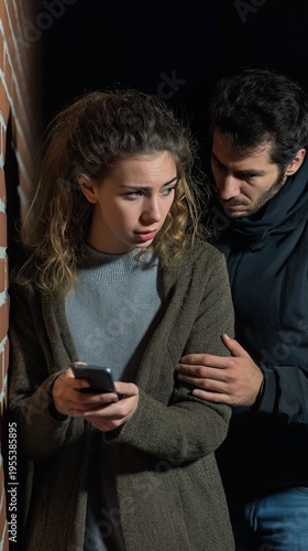 A scared young woman is the target of a male thief's attempt to take her smartphone.