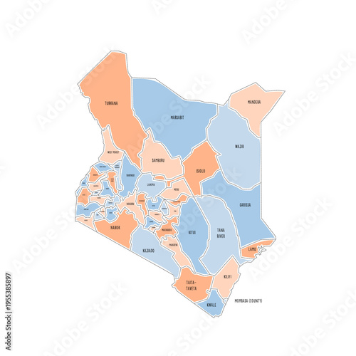 Kenya political map of administrative divisions - counties. Colorful handdrawn doodle style map with black outline borders and name labels.