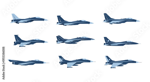 Modern Military Jet Fighter Aircraft Set, Air Force Stealth Plane Silhouettes Vector