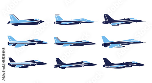 Set of modern fighter jet icons, supersonic military aircraft vector illustrations in flat style for defense and aviation design