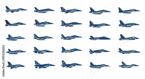 Military Fighter Jet Icons Set, Modern Air Force Aircraft Silhouettes Vector