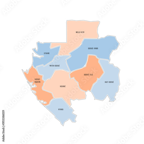 Gabon political map of administrative divisions - provinces. Colorful handdrawn doodle style map with black outline borders and name labels.