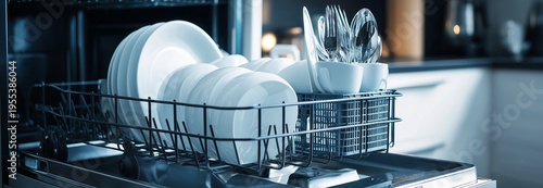 clean plates in a dishwasher basket. contemporary kitchen.