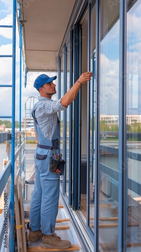 A worker installing sliding patio doors with aluminum frames