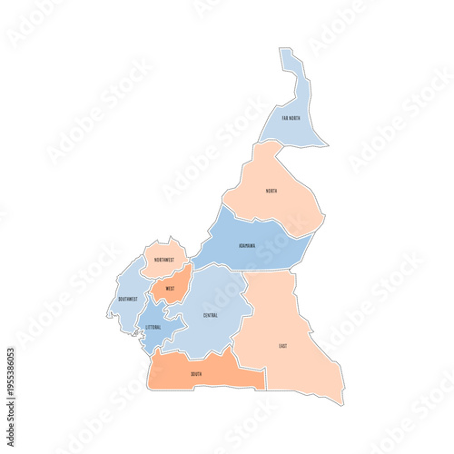 Cameroon political map of administrative divisions - regions. Colorful handdrawn doodle style map with black outline borders and name labels.
