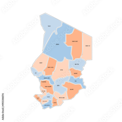 Chad political map of administrative divisions - regions. Colorful handdrawn doodle style map with black outline borders and name labels.