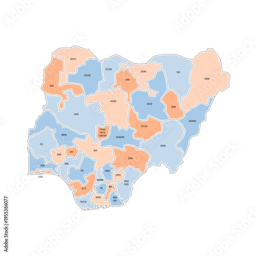 Nigeria political map of administrative divisions - states and federal capital territory. Colorful handdrawn doodle style map with black outline borders and name labels.