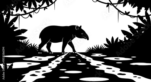 Tapir walking on jungle path.