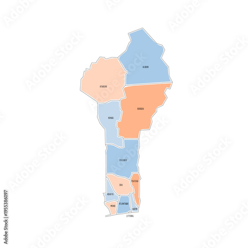 Benin political map of administrative divisions - departments. Colorful handdrawn doodle style map with black outline borders and name labels.