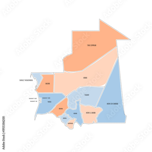 Mauritania political map of administrative divisions - regions and Nouakchott departments. Colorful handdrawn doodle style map with black outline borders and name labels.